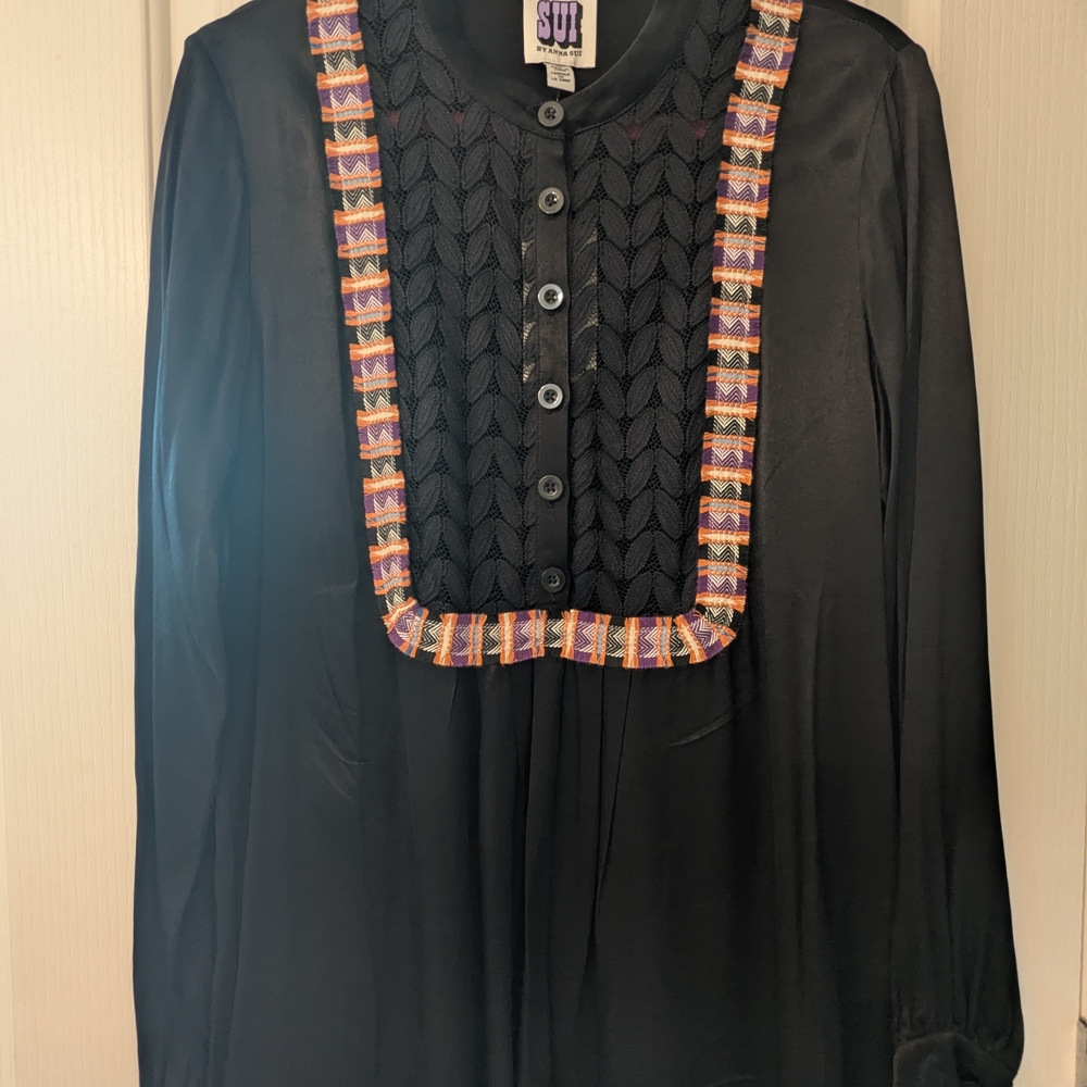 Black Button-Up Blouse with Colorful Trim